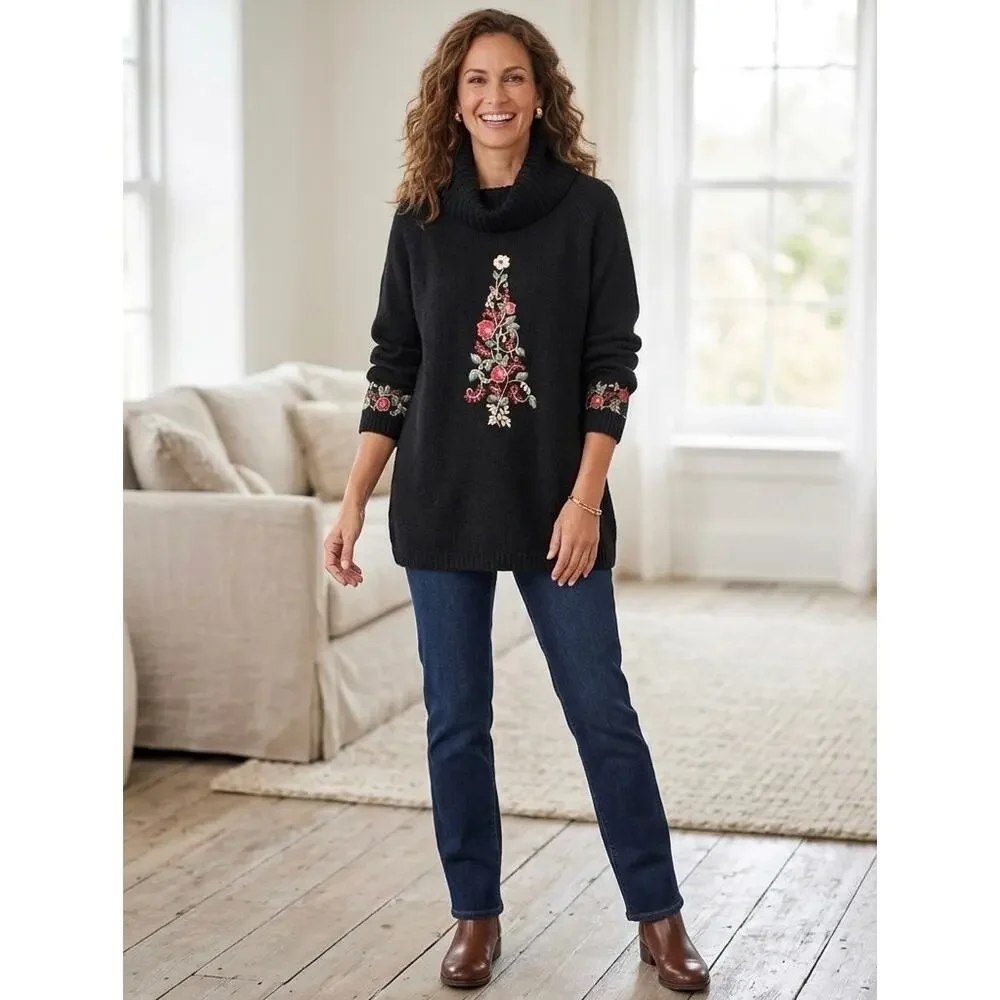 Coldwater Creek | Women | Floral Christmas Embroidered Cowl Neck Sweater | XL